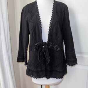 Soft Surroundings Black Las Cruces Embroidered Tie-Front Bell Sleeve Jacket Top